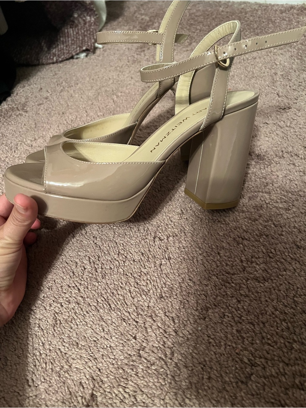 Stuart Weitzman Nude Patent Platform Block Heels